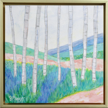 Load image into Gallery viewer, Abstract Painting with Birch Trees on a pastel landscape background. This painting is square and has shades of pink, blue, green, yellow, white, gray. It is signed by the artist on the front and is in a gold float frame. 
