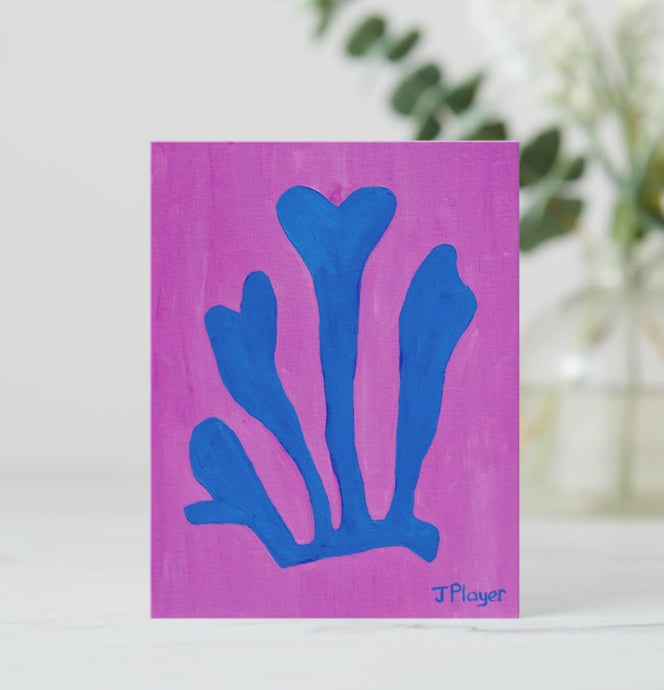 Colorful Matisse Inspired note Card with Blue Seaweed on fuschia. This is a colorful and fun stationery set. 