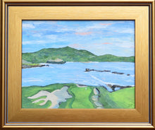 Load image into Gallery viewer, Pebble Beach is an abstract landscape on canvas. This painting is of the 17th hole at Pebble Beach with Stillwater Cove and  the Carmel Highlands in the background.This hole is an hourglass shape. It has colors of green, blue, tan, white, pink, and gray.
