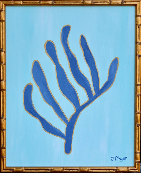 Navy Blue seaweed shape outlined in gold on light blue background. This preppy vertical painting is in a gold bamboo frame. Signed by the artist on the front. based on Matisse's famous cut outs.