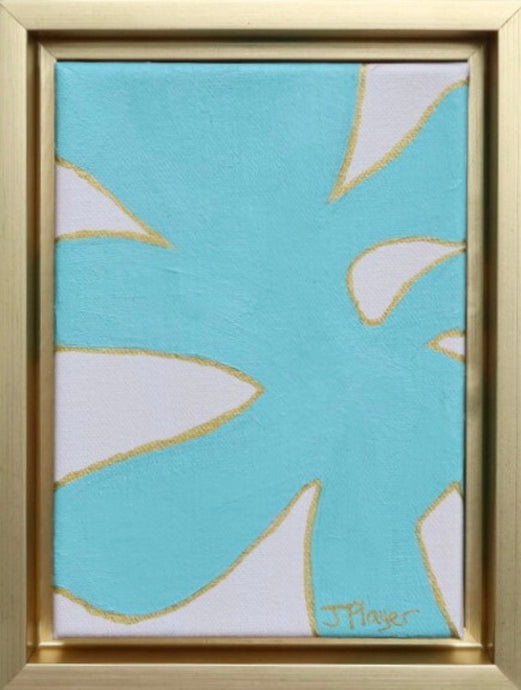 Modern Teal abstract seaweed that is going over the edge of the painting. It has a white background and outlined in gold. It is signed by the artist on the front and is in a gold float frame. The painting is vertical. It was inspired by Matisse's famous cut outs.
