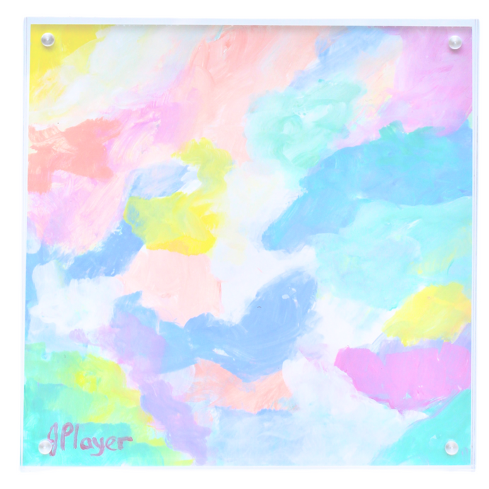  A colorful abstract painting on paper in a square acrylic frame. This painting has shades of blue, green, yellow, pink, fuchsia, orange and white. It is signed by the artist on the front. 