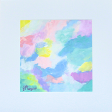 Load image into Gallery viewer, A new beginning abstract painting on paper. This colorful abstract has shades of pink, purple, blue, green, yellow and white. It is square and in a white mat.