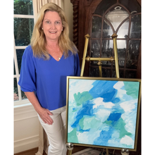 Load image into Gallery viewer, Colorful blue, green, white abstract painting with artist Jeanne Player.