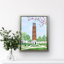 Load image into Gallery viewer, University of Alabama Denny Chimes painting in acrylic on canvas featuring the historic brick clock tower with vibrant greenery and delicate pink floral accents.