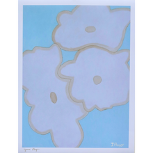 Load image into Gallery viewer, Bold floral art print on paper. This giclee print has three big white flowers with a tan border and a tan center on a light blue background. It is signed Jeanne Player on the front by the artist.