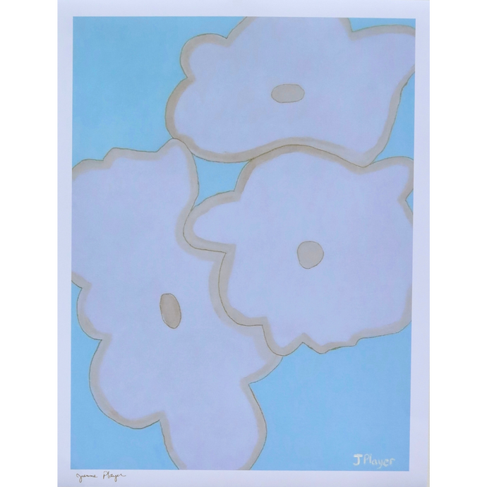 Bold floral art print on paper. This giclee print has three big white flowers with a tan border and a tan center on a light blue background. It is signed Jeanne Player on the front by the artist. 