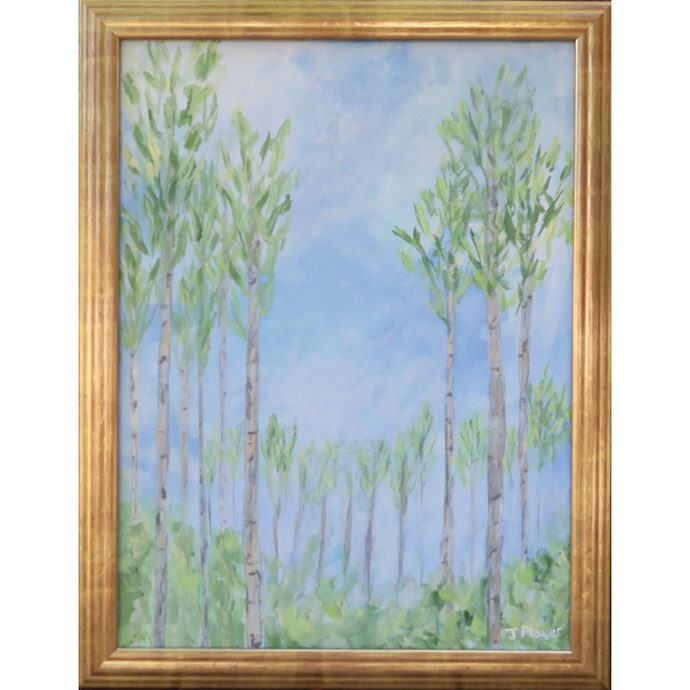  Abstract Birch Tree Landscape Painting in a gold frame. This painting has a blue background with white clouds, gray birch trees, green leaves and green underbrush. signed by the artist J Player on the front.