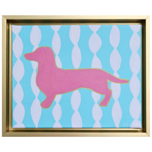 Load image into Gallery viewer, Colorful pop art dog painting on canvas. This painting has a pink dachshund silhouette on a funky blue and white background. It is in a gold float frame and is horizontal.