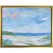 Load image into Gallery viewer, A beautiful pastel colored seascape painting on canvas. This beach scene has shades of blue, green, white, coral, and pink. It comes in a horizontal gold float frame.