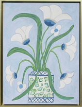 Load image into Gallery viewer, Original acrylic floral painting “Belle Fleurs” with whimsical white flowers in an animal-print cachepot, accented with blue, pink, and lime green on a light blue background. Vertical 18x24-inch canvas, modern botanical wall art.