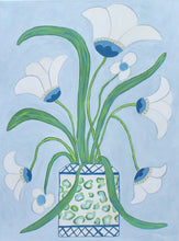 Load image into Gallery viewer, Original acrylic floral painting “Belle Fleurs” with whimsical white flowers in an animal-print cachepot, accented with blue, pink, and lime green on a light blue background. Vertical 18x24-inch canvas, modern botanical wall art.