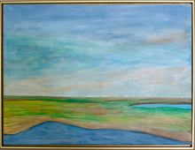 Load image into Gallery viewer, An abstract marsh landscape painting on canvas. This horizontal painting has shades of blue, green, white, tan, yellow and brown. It is in a gold float frame.
