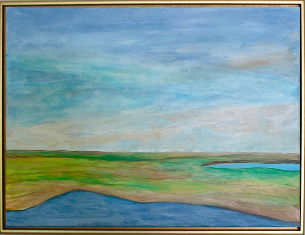 An abstract marsh landscape painting on canvas. This horizontal painting has shades of blue, green, white, tan, yellow and brown. It is in a gold float frame.