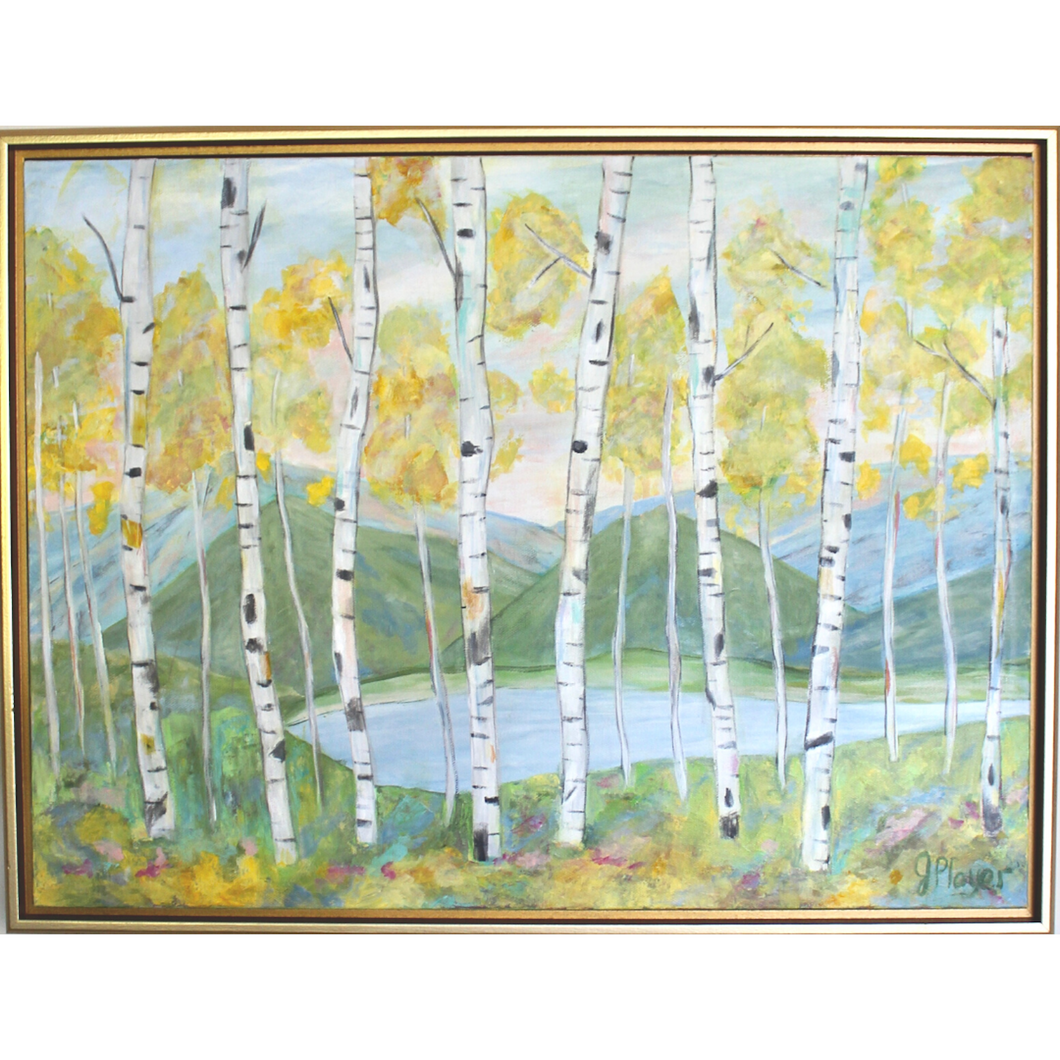 Birches by the Lake is a horizontal abstract landscape on canvas. This colorful paintng has shades of yellow, white, gray, black, gree, blue and red, The bark on the birch trees stands out with a mountain landscape and a lake in the background.