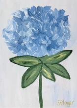 Load image into Gallery viewer, Original blue hydrangea floral painting on watercolor paper featuring pink, red, and green blooms on an off-white background. Vertical 5x7-inch whimsical botanical artwork, perfect for framing or gifting.