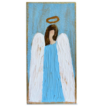 Load image into Gallery viewer, Blue Angel is an original hand painted angel shelf sitter. This angel is wearing a blue dress and has white wings with some gold. She has brown hair a gold halo and is on a blue and gold background. The edges of the art are outlined in gold.