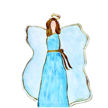 Load image into Gallery viewer, The free standing blue angel acrylic block cut out is a silhouette in acrylic. This angel has a blue dress, with a gold sash, gold halo, white wings and is outlined in gold.