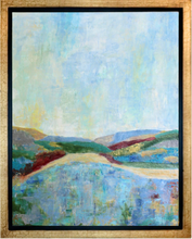 Load image into Gallery viewer, A vertical abstract landscape painting on canvas. This coastal inspired seascappe has shades of blue, green, red, gold, yelllow, tan and brown. It is in a gold float frame