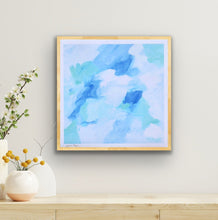 Load image into Gallery viewer, "Blue Lagoon abstract giclée art print featuring water-inspired shades of blue, green, and white with soft, fluid brushstrokes. A calming, modern square print signed by artist Jeanne Player, perfect for coastal interiors, dorm rooms, bedrooms, or nursery decor."