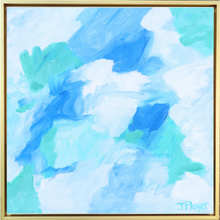 Load image into Gallery viewer, Blue Lagoon is a coastal inspired abstract painting on canvas with shades of blue, green and white. It is in a gold float frame. It is square painting on canvas.