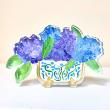Load image into Gallery viewer, Blue and purple hydrangea acrylic art block, floral shelf sitter with cachepot with gold details whimsical flower artwork, botanical acrylic cut-out decor, hydrangea gift for flower lovers, modern southern floral art sculpture.