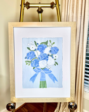Load image into Gallery viewer, Classic blue hydrangea and white anemone floral painting in champagne frame