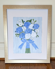 Load image into Gallery viewer, Textured blue and white botanical bouquet artwork with ribbon detail