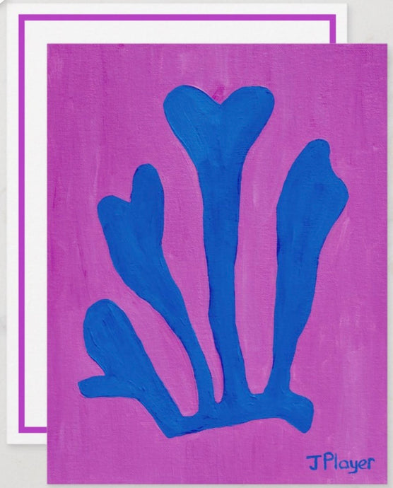 Colorful Matisse Inspired note Card with Blue Seaweed on fuschia. This is a colorful and fun stationery set.