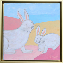 Load image into Gallery viewer, Colorful bunny painting on canvas. This painting has two cute rabbits looking towards the viewer. The rabbits have shades of white, tan, gray with pink ears on an abstract backround of pink, coral, magenta, yellow and blue. This is a square painting Signed by the artist on the front.
