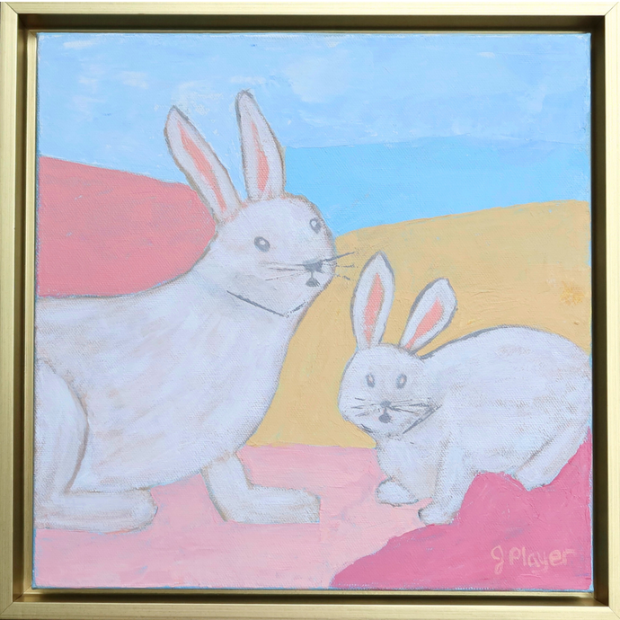 Colorful bunny painting on canvas. This painting has two cute rabbits looking towards the viewer. The rabbits have shades of white, tan, gray with pink ears on an abstract backround of pink, coral, magenta, yellow and blue. This is a square painting Signed by the artist on the front.