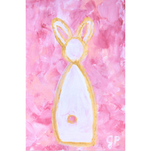Load image into Gallery viewer, Whimsical bunny painting on paper. This figurative white bunny is outlined in gold and comes on an abstract pink background. This is a vertical painting.
