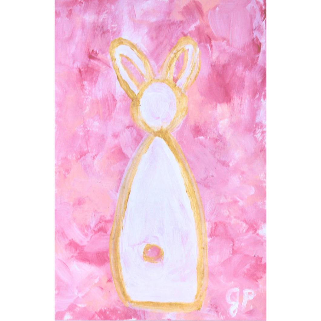 Whimsical bunny painting on paper. This figurative white bunny is outlined in gold and comes on an abstract pink background. This is a vertical painting.