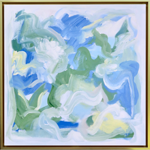 Load image into Gallery viewer, Water&#39;s Edge is a colorful coastal abstract painting on canvas. This painting measures 20 x 20 inches and comes in a thin gold float frame. It has shades of green, blue, white and yellow.  It reminds me at looking at the ocean bottom in the islands on a clear day.
