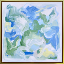Load image into Gallery viewer, Water's Edge is a colorful coastal abstract painting on canvas. This painting measures 20 x 20 inches and comes in a thin gold float frame. It has shades of green, blue, white and yellow. It reminds me at looking at the ocean bottom in the islands on a clear day.