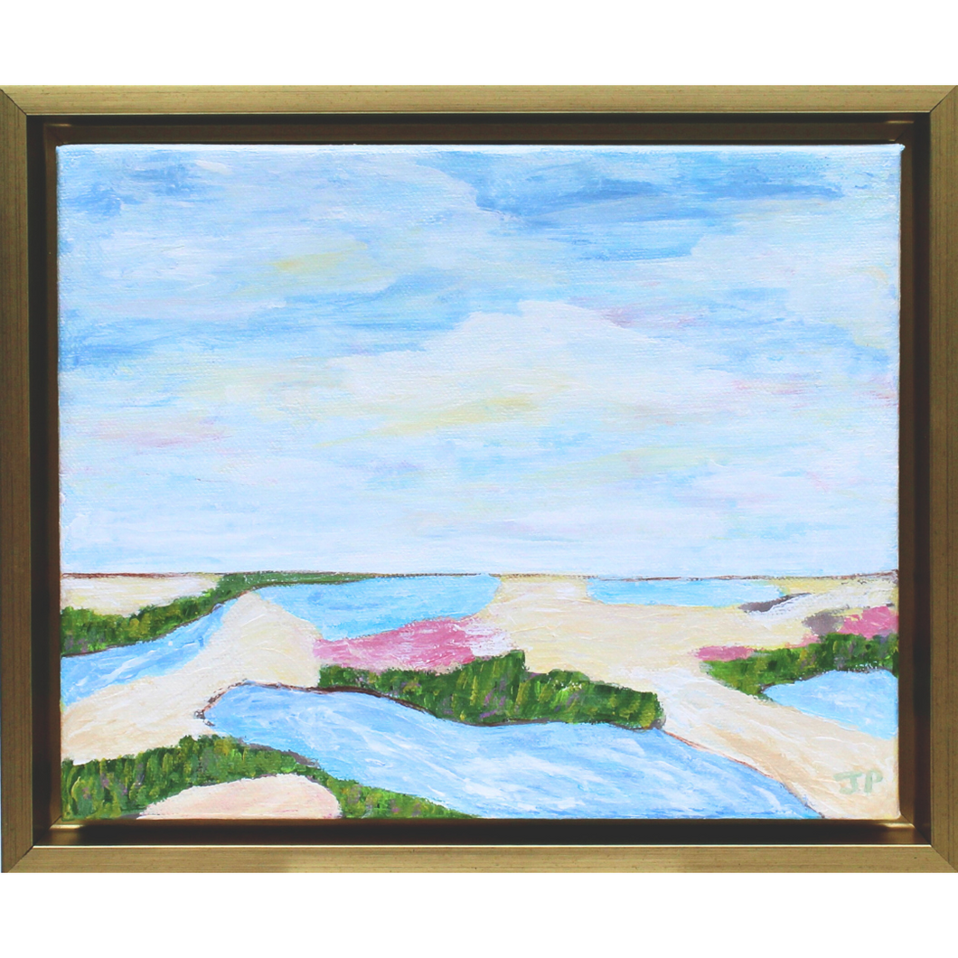 Coastal landscape painting with shades of tan, green, pink, yellow, blue and white. This painting is of a marsh looking out towards the ocean. It is in a gold float frame.