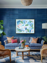 Load image into Gallery viewer, One of a kind abstract painting framed in gold featuring layered contemporary colors and movement perfect for over a sofa or fireplace.