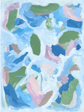 Load image into Gallery viewer, A colorful abstract painting on a gallery wrapped canvas with shades of green, blue, light blue, naby, white, blush pink, pink, brown. This large piece of wall art measures 30 x 40 inches.
