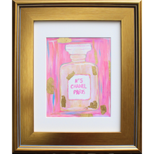Load image into Gallery viewer, Pink Chanel painting on paper with gold leaf. This colorful painting has shades of pink, white and gold with gold leaf. It is vertical and says Chanel No 5 Paris on it. This painting has a white mat and is a gold plein aire frame.