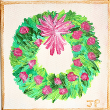 Load image into Gallery viewer, Preppy Christmas Wreath with pink balls and a pink bow on a green wreath. This is a square painting on canvas. It is outlined in gold paint.