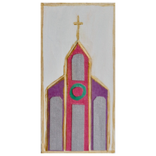 Load image into Gallery viewer, Church 2 is an original church artwork on a vertical wood panel. It has a large collaged church with red, purple, green, and silver. It is outlined in gold and has a gold edge at the border. 
