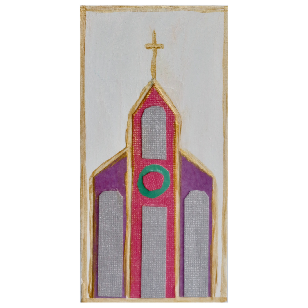 Church 2 is an original church artwork on a vertical wood panel. It has a large collaged church with red, purple, green, and silver. It is outlined in gold and has a gold edge at the border. 