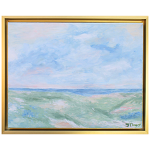 Load image into Gallery viewer, Coastal Calm is an abstract coastal landscape painting on canvas. This artwork has pastel shades of blue, green, pink, coral and white. It has a lot of texture and shows a green area leading down to the ocean. It is a horizontal painting in a gold float frame.