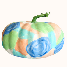 Load image into Gallery viewer, The Coastal Pumpkin is a hand painted original pumpkin on a foam shape. It has coastal hues of blue, green, coral and off white. It also has an abstract floral design.