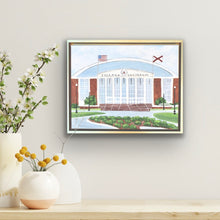 Load image into Gallery viewer, Roll Tide art, Original artwork of the basketball and gymnasium at Alabama. Home of the Crimson Tide.