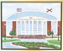 Load image into Gallery viewer, An Abstract landscape painting of Coleman Coliseum at The University of Alabama. This is a red brick building with large windows. It has an American Flag left of the grand entry and an Alabama State Flag on the right of the entry. It is surrounded by a driveway and shrubbery. It also has 4 lamp post. Two on each side of the entry.