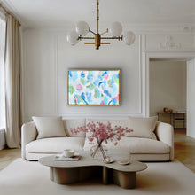Load image into Gallery viewer, blue, green, pink and aqua abstract art in a gold frame. This is shown in a transitional living room.  Art can be used either horizontally or vertically.