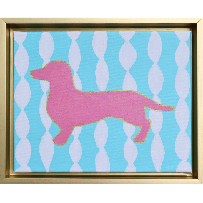 Colorful pop art dog painting on canvas. This painting has a pink dachshund silhouette on a funky blue and white background. It is in a gold float frame and is horizontal.