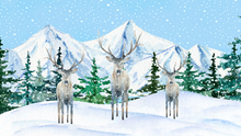 Load image into Gallery viewer, Winter Wonderland Digital Download for TV. This is a snowy winter scene with 3 deer, standing in the snow with evergreen trees and mountains in the background. Snow is falling all around. This artwork has shades of blue, green, white, tan, and gray.