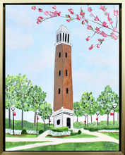 Load image into Gallery viewer, 1x14 inch fine art giclée print of Denny Chimes bell tower at the University of Alabama, featuring impressionistic textures by artist Jeanne Player.